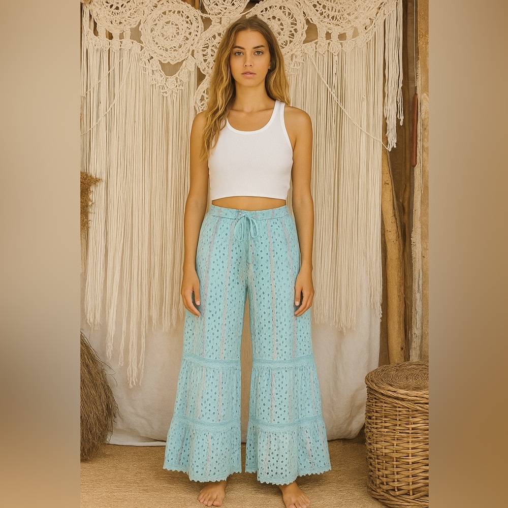 BAROK Boho Tiered Wide Leg Eyelet Lurex Crochet Palazzo Pants w‎ pockets L NWOT